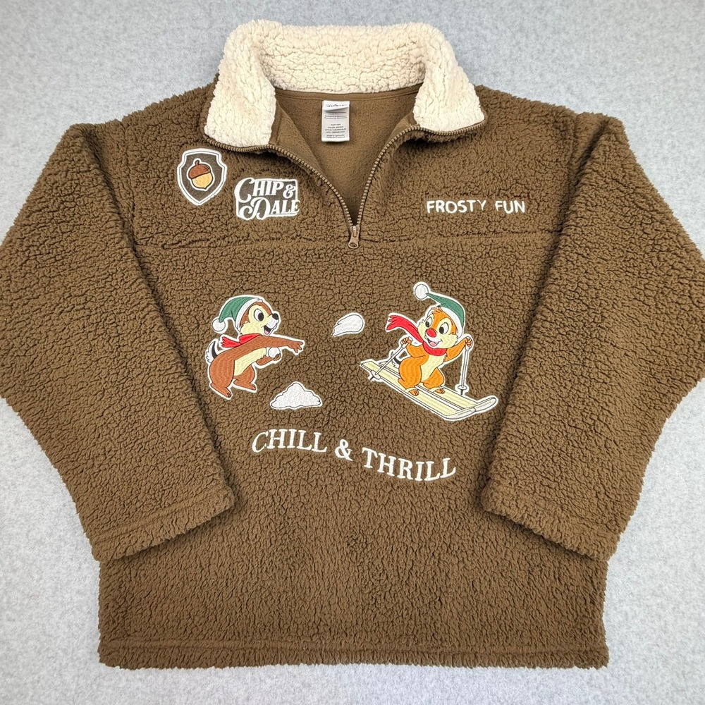 Disney Chip & Dale Sherpa Fleece Pullover Brown Quarter Zip Frosty Fun Medium